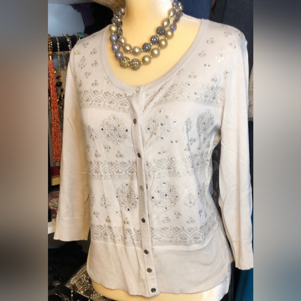 White House Black Market Gold Button Cardigan Top Beige Size MEDIUM. 3/4 Sleeve.